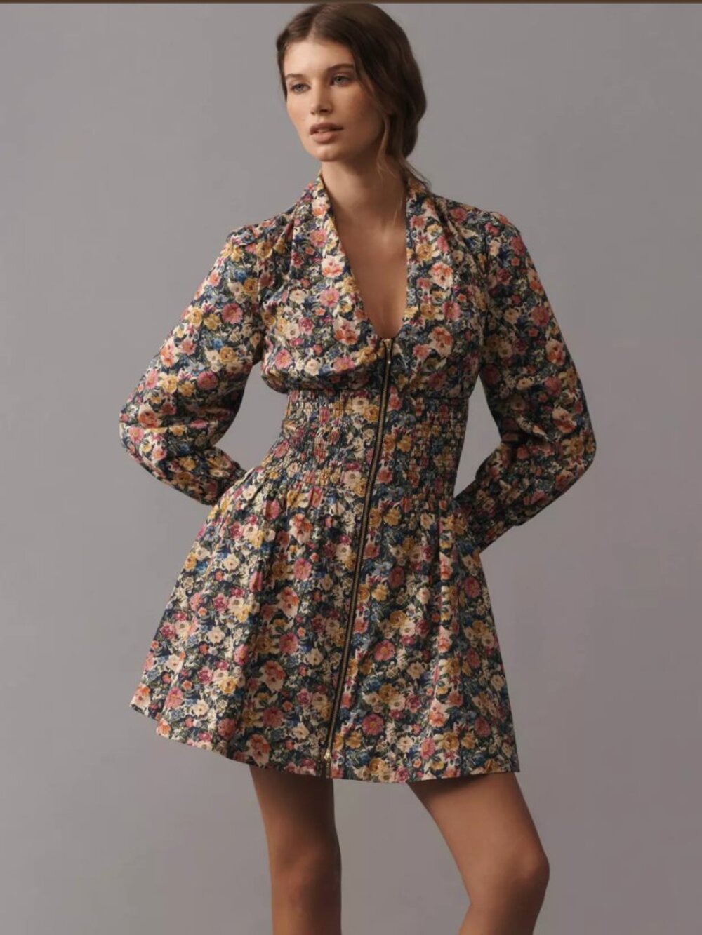Anthropologie The Tommie Long-Sleeve Smocked Front-Zip Mini Shirt Dress